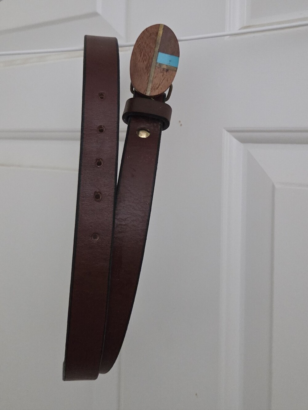 Handmade Leather Belt With Wood & Turquoise Inlaid Brass Buckle